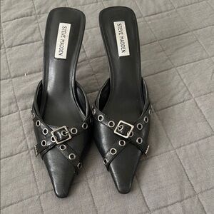 Steve Madden Black Pointed Mule Heels with Buckle & Grommet Trim